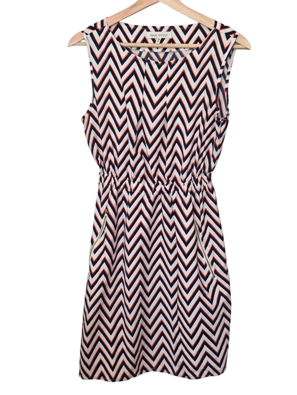 Speed Control Chevron Print Skater Dress Zip Pocket Detail Cream Navy & Orange M